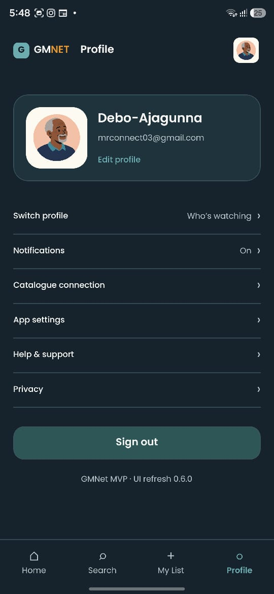 GMNet your profile screen