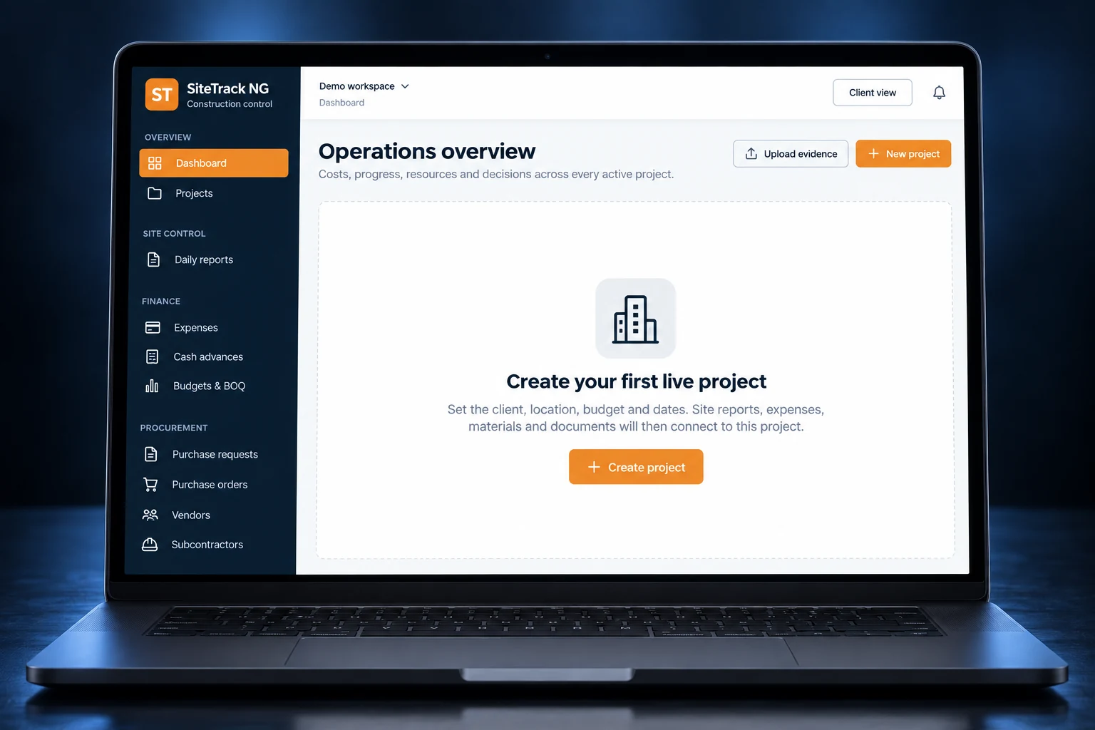 SiteTrack NG construction management dashboard interface mockup